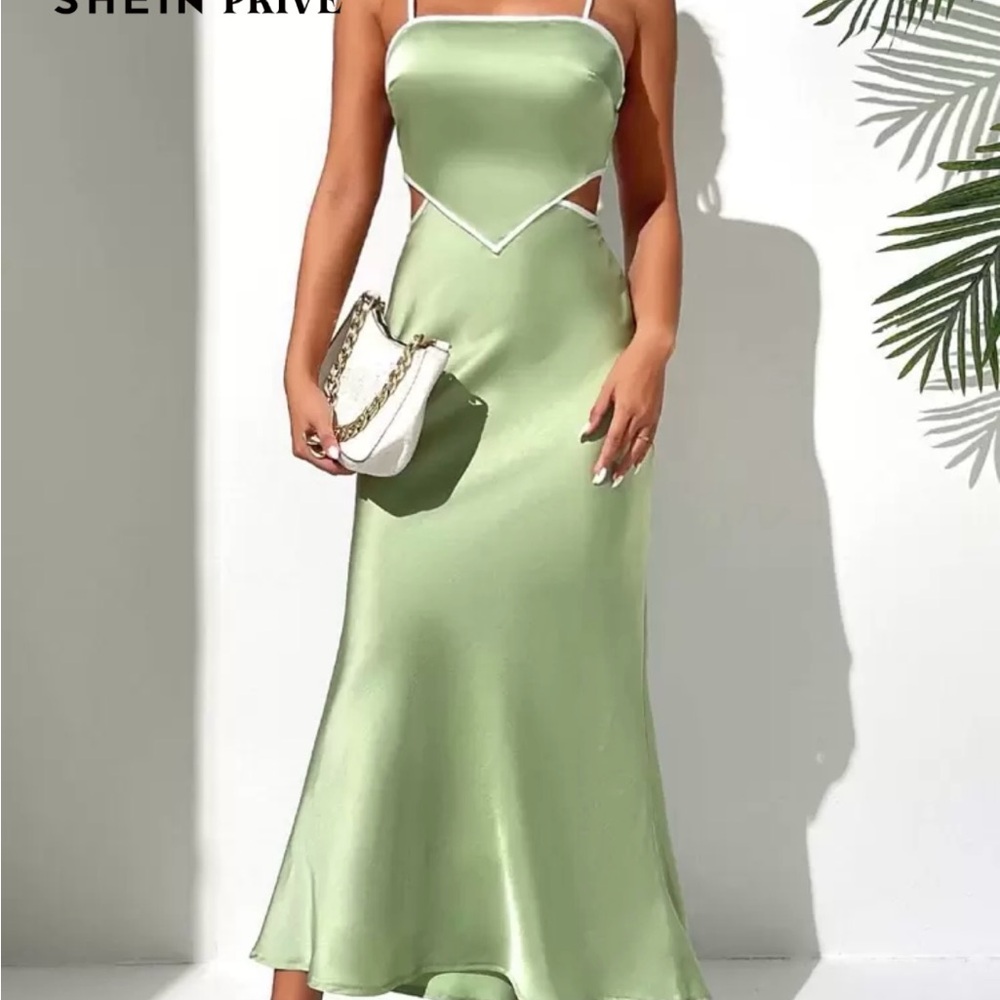 SHEIN Solid Backless Light Green Satin Cami Dress - L